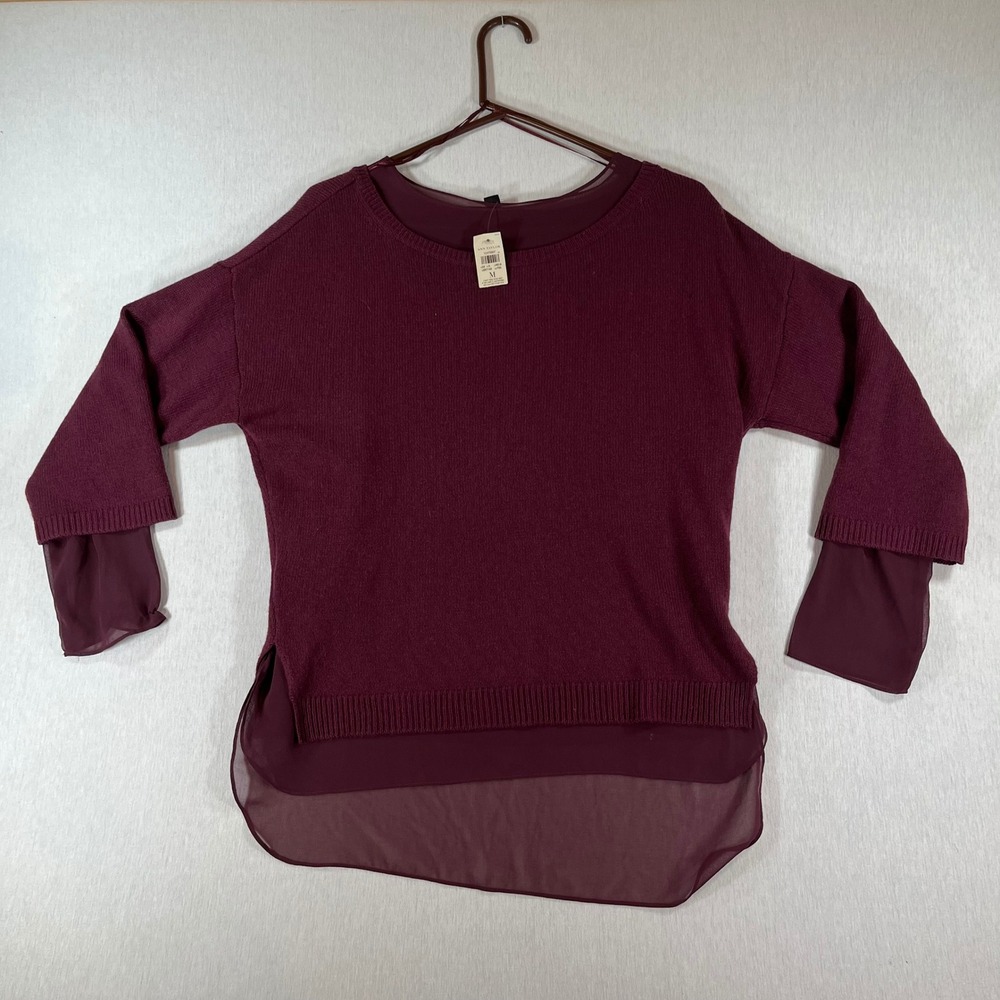 NEW Ann Taylor Layered Sweater M Plum Purple Merino Wool Chiffon Soft Light NWT